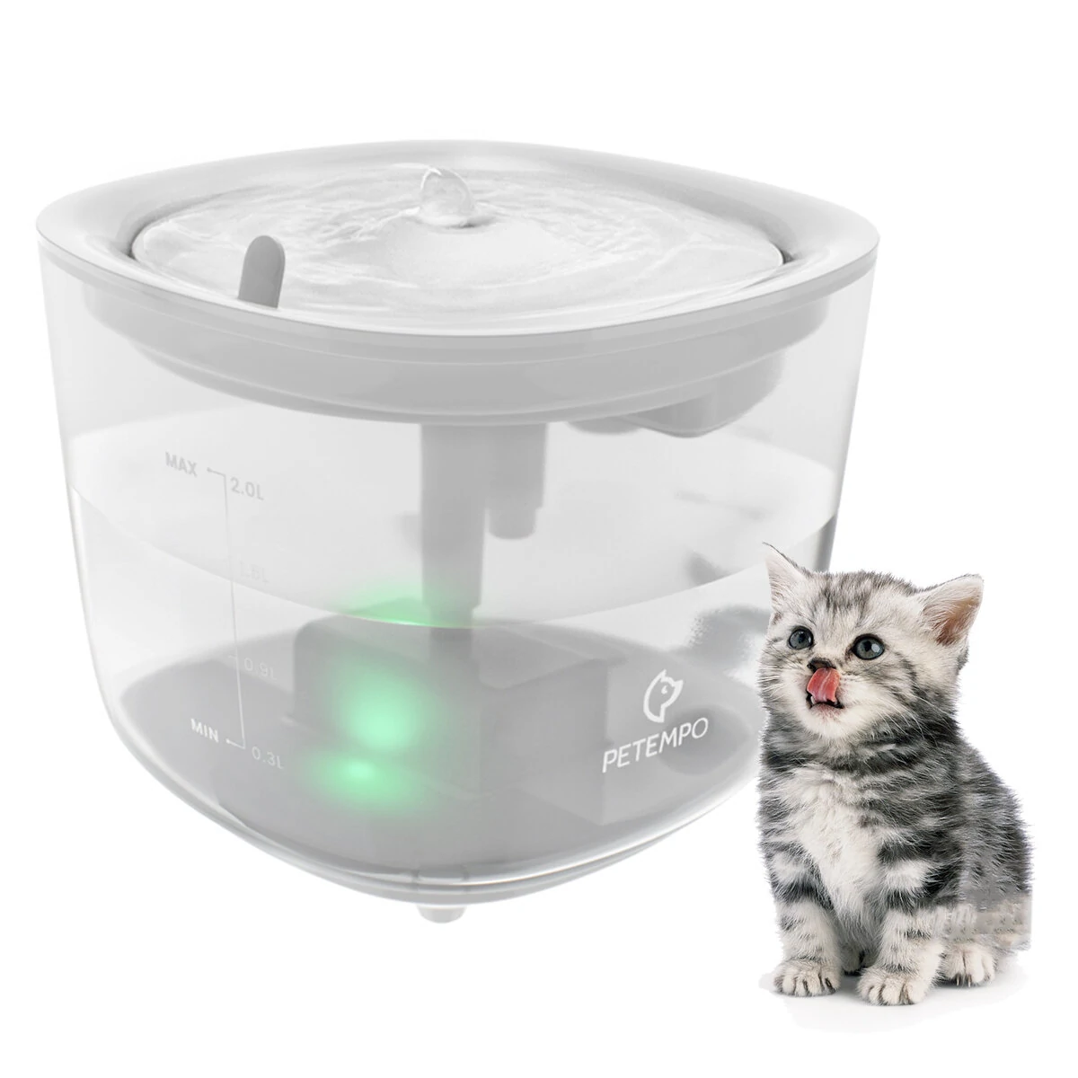 (image for) PETEMPO Cat Water Fountain, Wireless Cat Water Fountain with LED Light, 2L Ultra Quiet Cat Water Dispenser, Automatic Cat Dog Water Fountain with Water Level Window