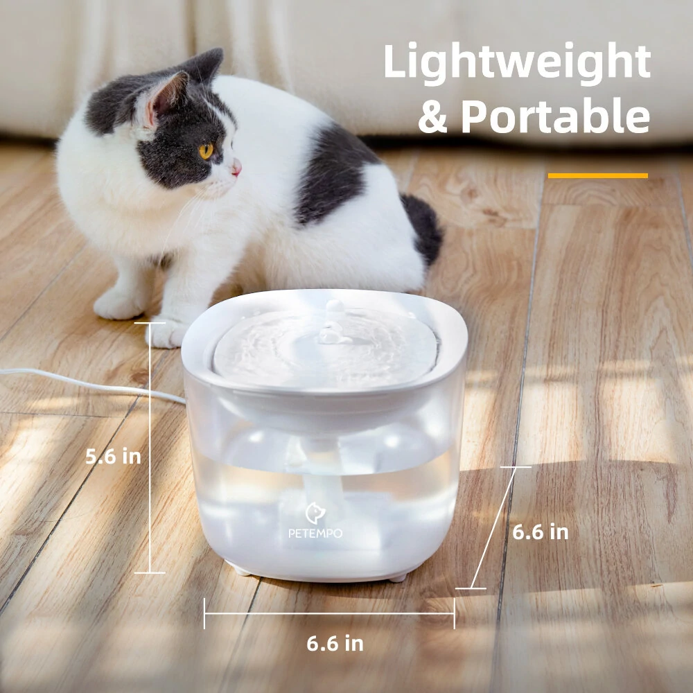 (image for) PETEMPO Cat Water Fountain, Wireless Cat Water Fountain with LED Light, 2L Ultra Quiet Cat Water Dispenser, Automatic Cat Dog Water Fountain with Water Level Window