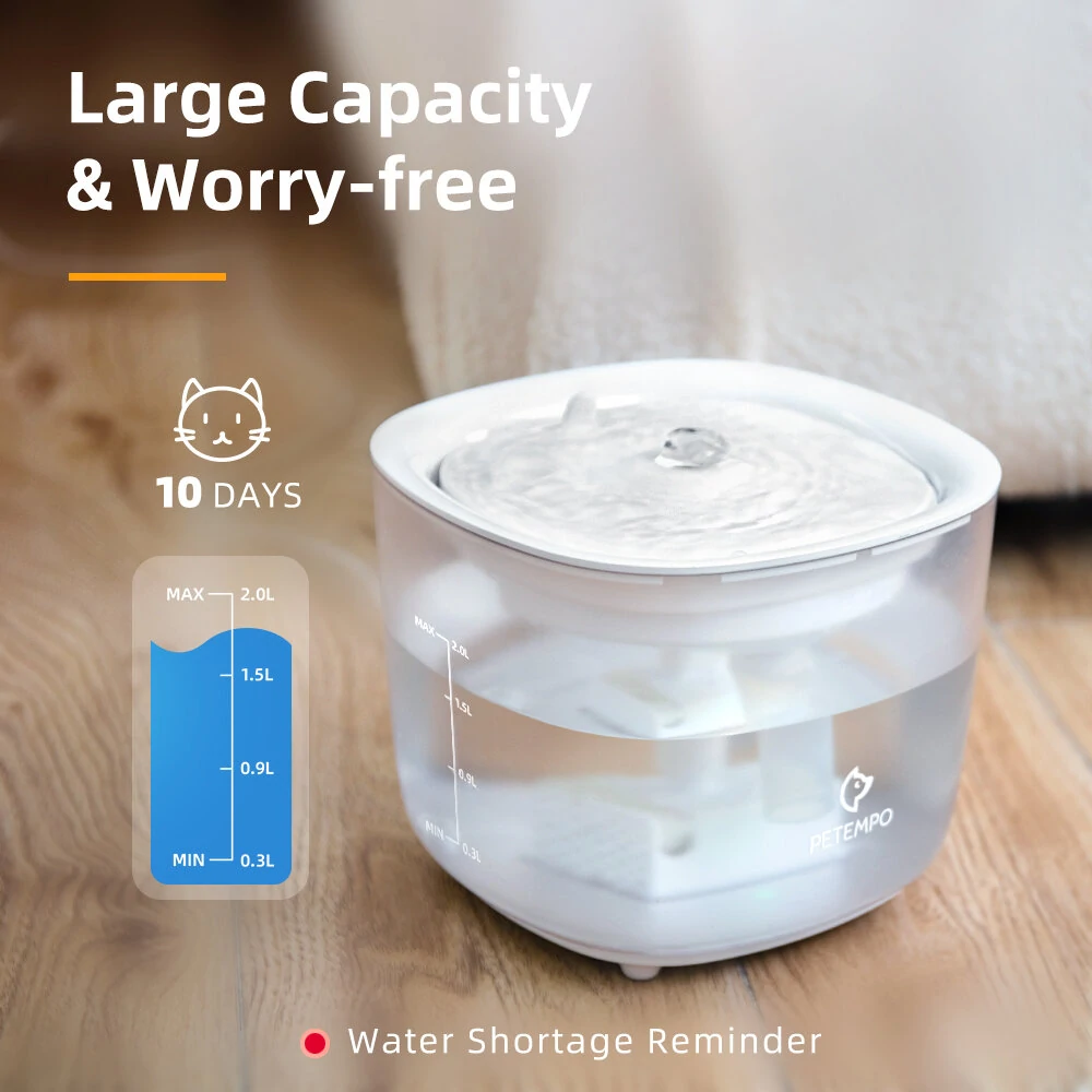 (image for) PETEMPO Cat Water Fountain, Wireless Cat Water Fountain with LED Light, 2L Ultra Quiet Cat Water Dispenser, Automatic Cat Dog Water Fountain with Water Level Window
