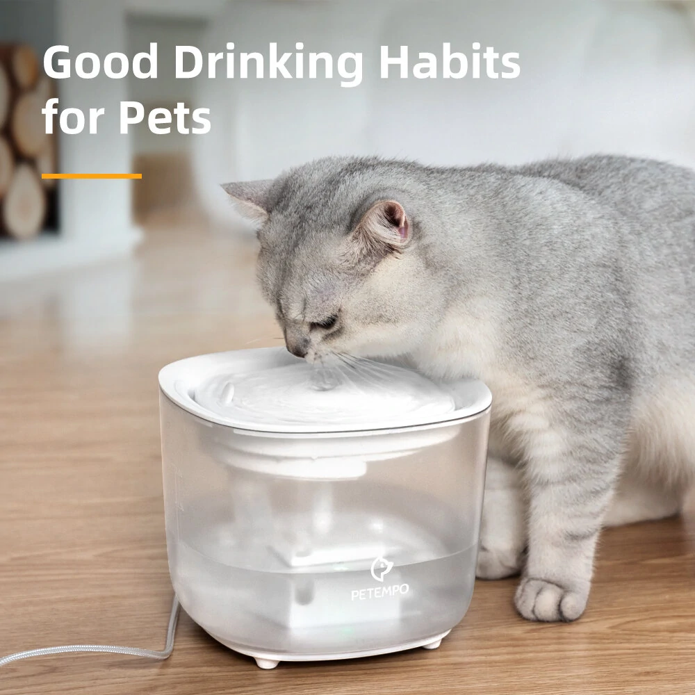 (image for) PETEMPO Cat Water Fountain, Wireless Cat Water Fountain with LED Light, 2L Ultra Quiet Cat Water Dispenser, Automatic Cat Dog Water Fountain with Water Level Window