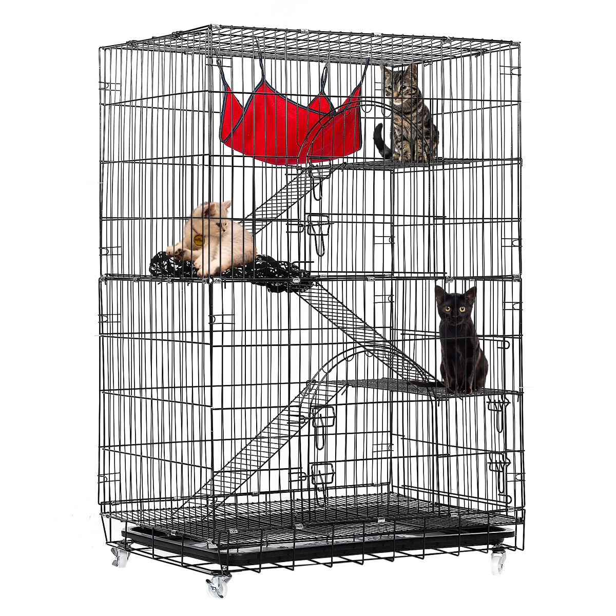 (image for) PawGiant 4-Tier Cat Cage, Cat Playpen Kennel Crate Chinchilla Rat Box Cage Enclosure with Ladders, Platforms Beds, Latches Tray Hammock