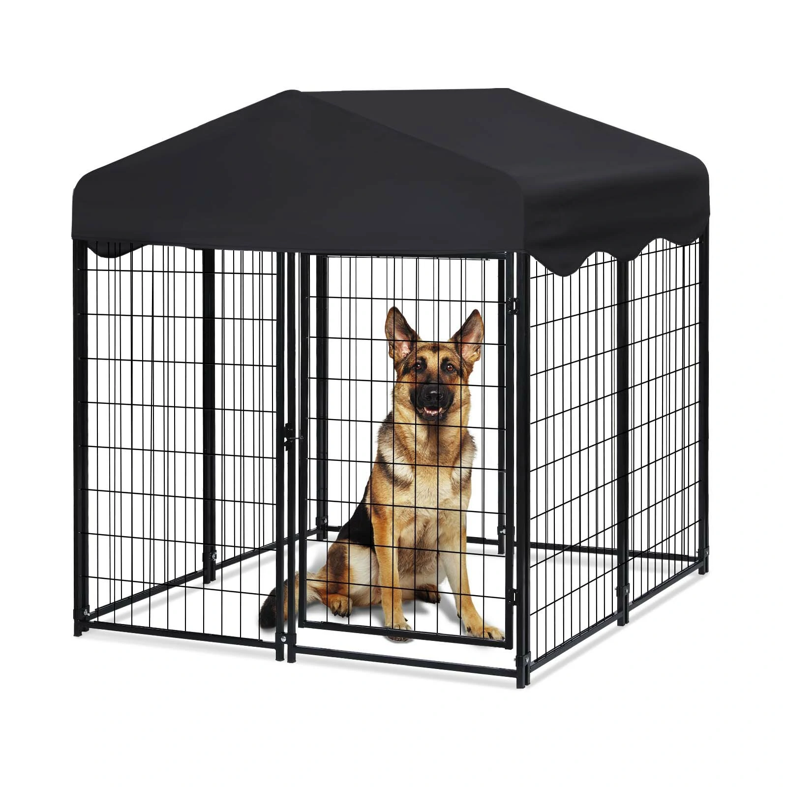 (image for) PawGiant Large Dog Kennel Outdoor Dog House with Roof 4ft x 4.2ft x 4.45ft Heavy Duty Metal for Large to Small Dog, Outside Dog Kennel Pet Crate Cage Playpen with UV-Proof Waterproof Cover