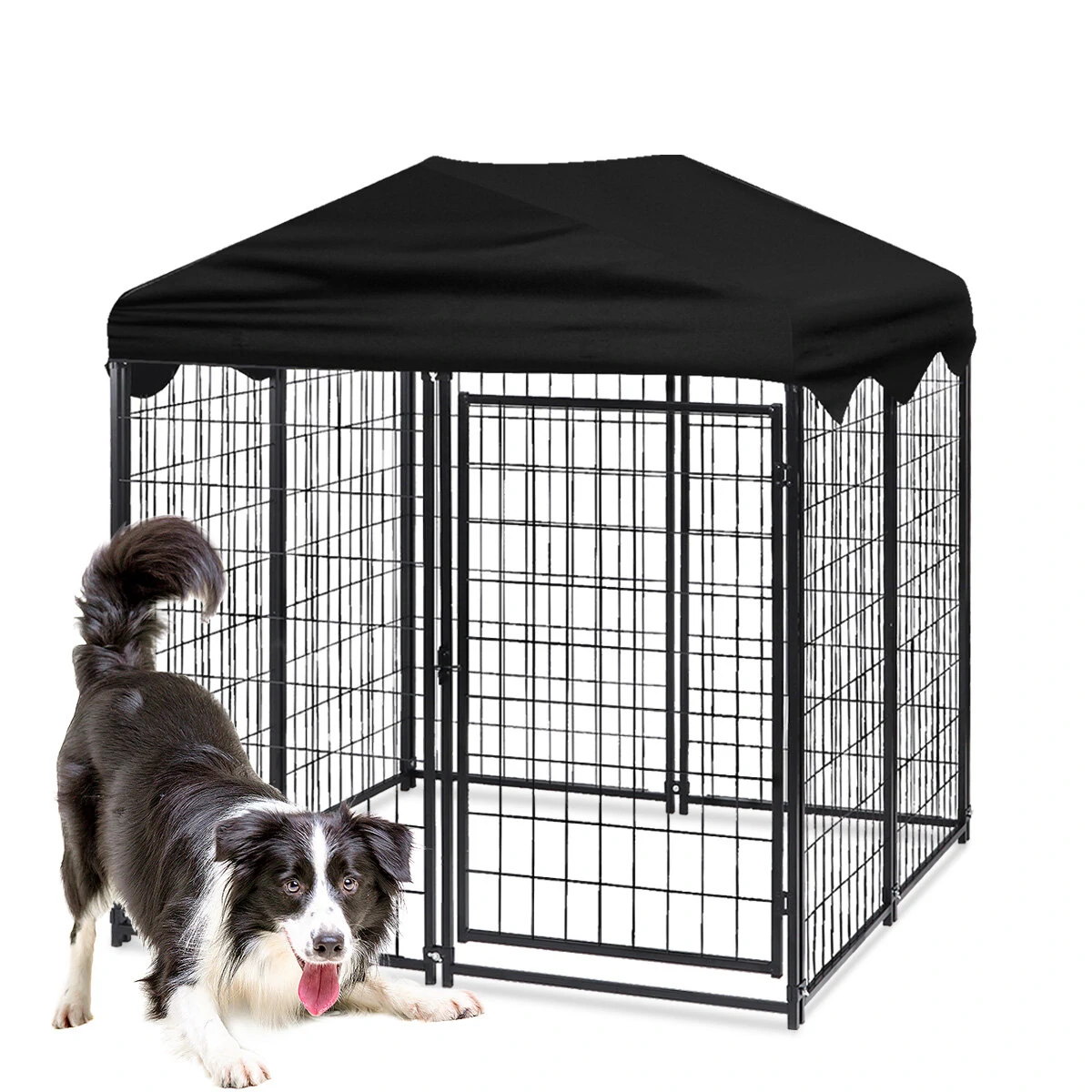 (image for) PawGiant Large Dog Kennel Outdoor Dog House with Roof 4ft x 4.2ft x 4.45ft Heavy Duty Metal for Large to Small Dog, Outside Dog Kennel Pet Crate Cage Playpen with UV-Proof Waterproof Cover