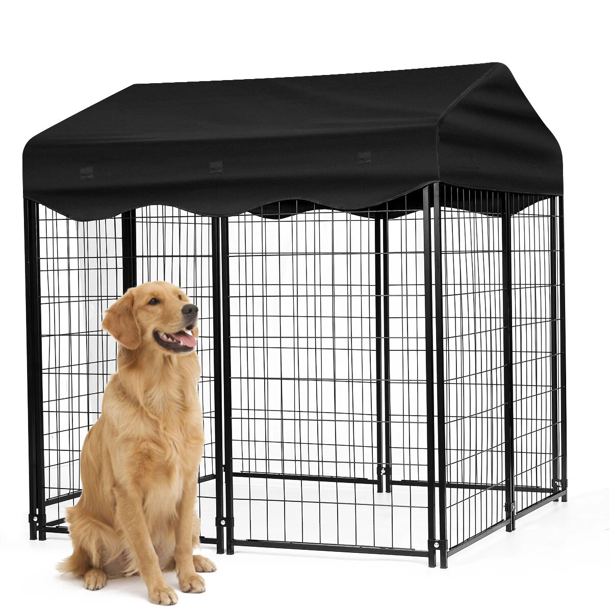 (image for) PawGiant Large Dog Kennel Outdoor Dog House with Roof 4ft x 4.2ft x 4.45ft Heavy Duty Metal for Large to Small Dog, Outside Dog Kennel Pet Crate Cage Playpen with UV-Proof Waterproof Cover